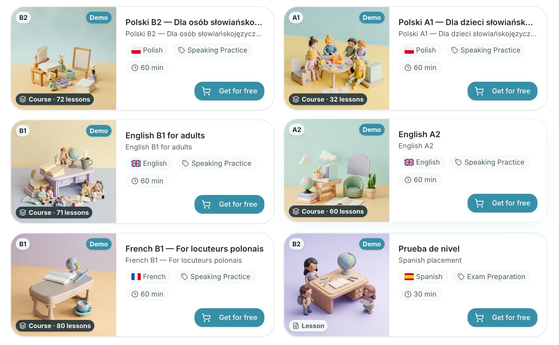 Marketplace screenshot showing Polish, English and French language courses.