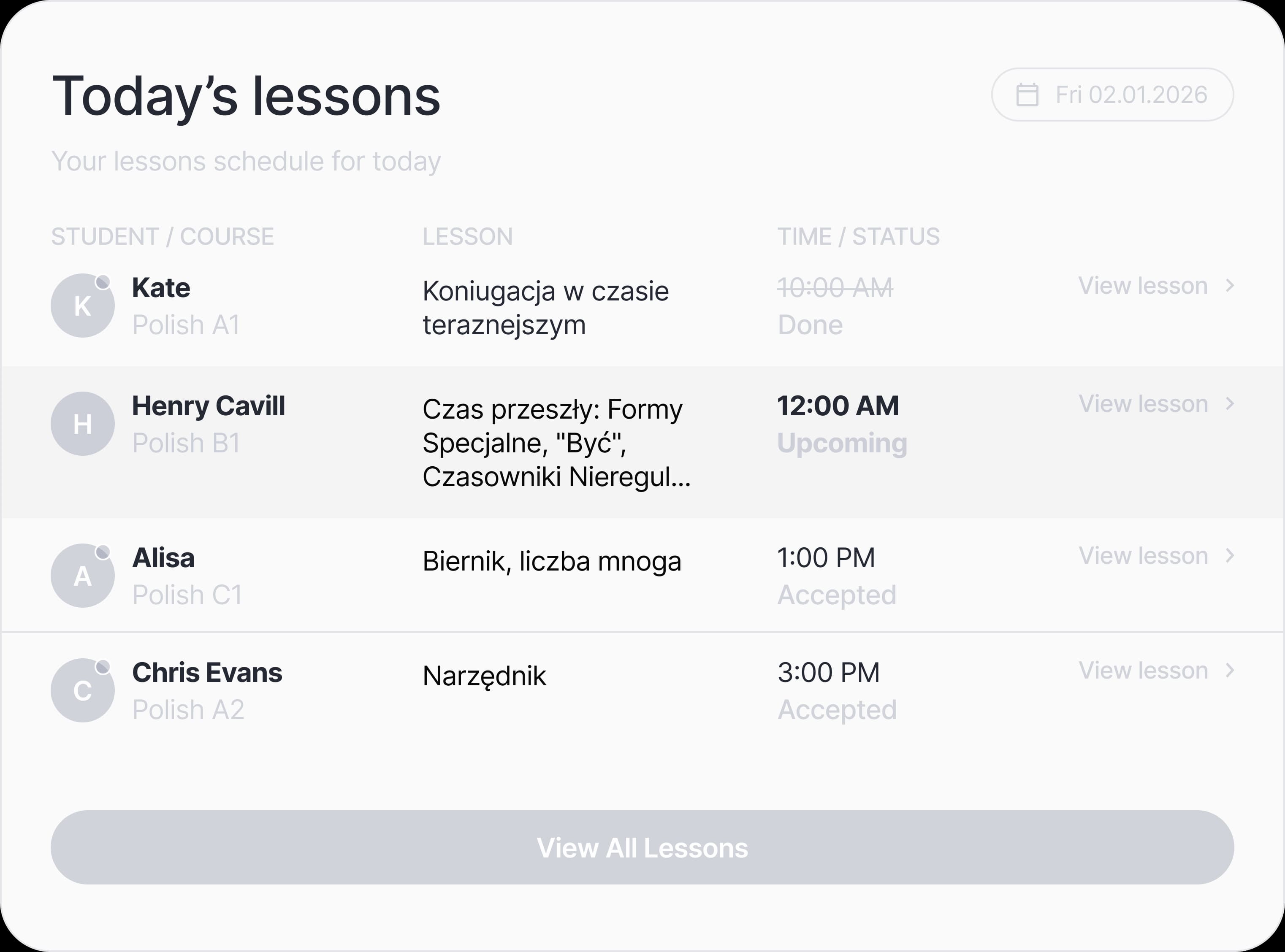 Today's lessons schedule