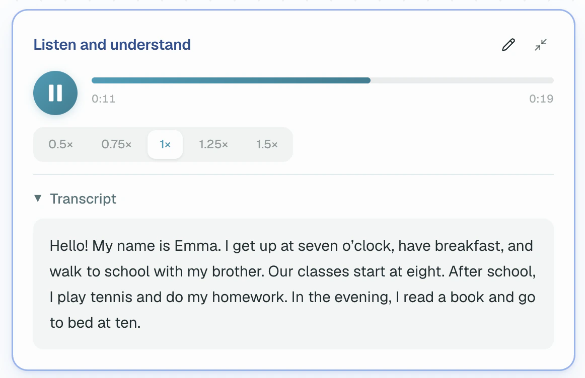 The platform voices each line in its character's own voice, so your student hears a scene rather than a single reader