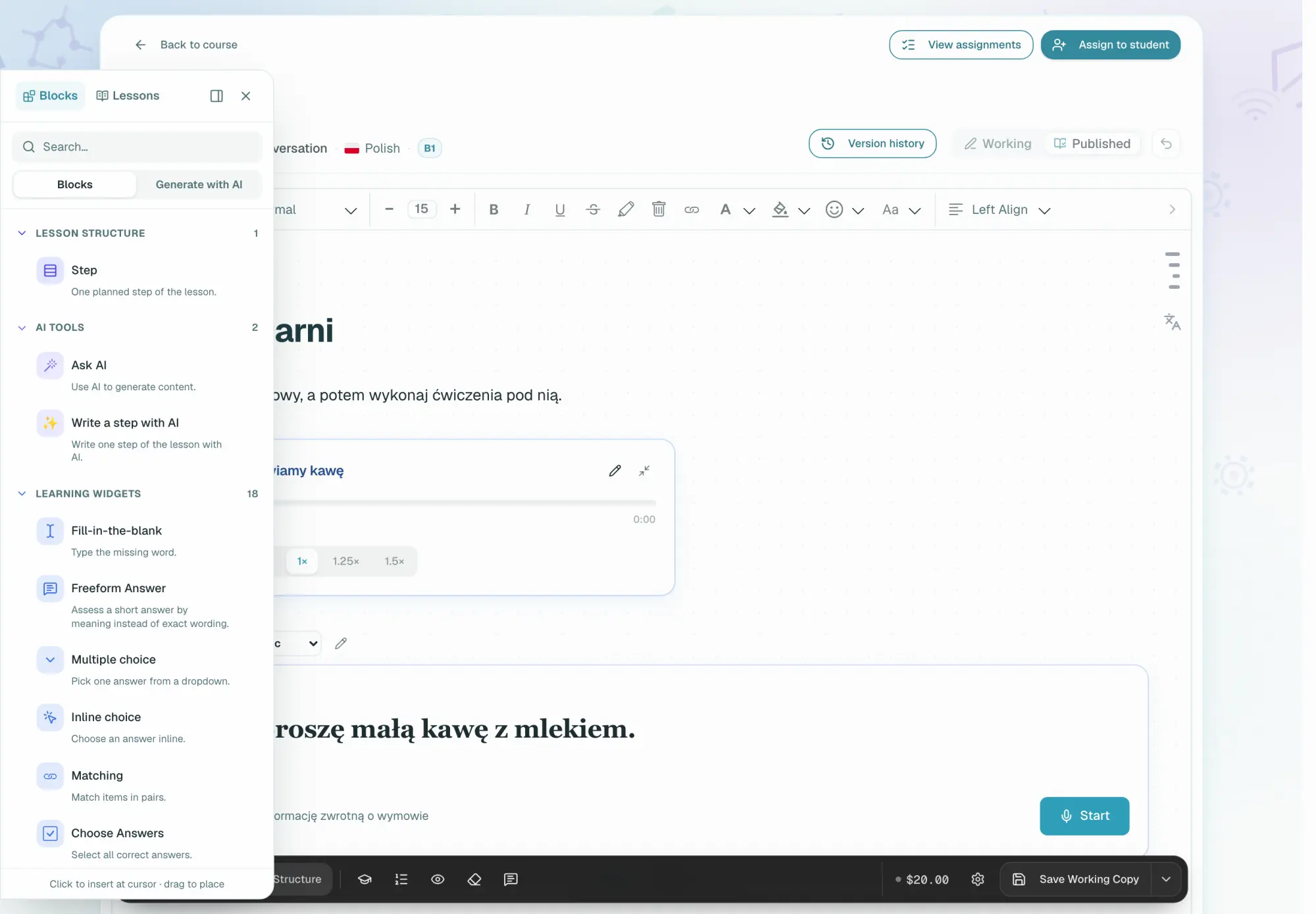 The platform offers 35+ exercise types and more than 15 visual themes: from gap-filling to a virtual examiner that assesses not only grammar but pronunciation as well.